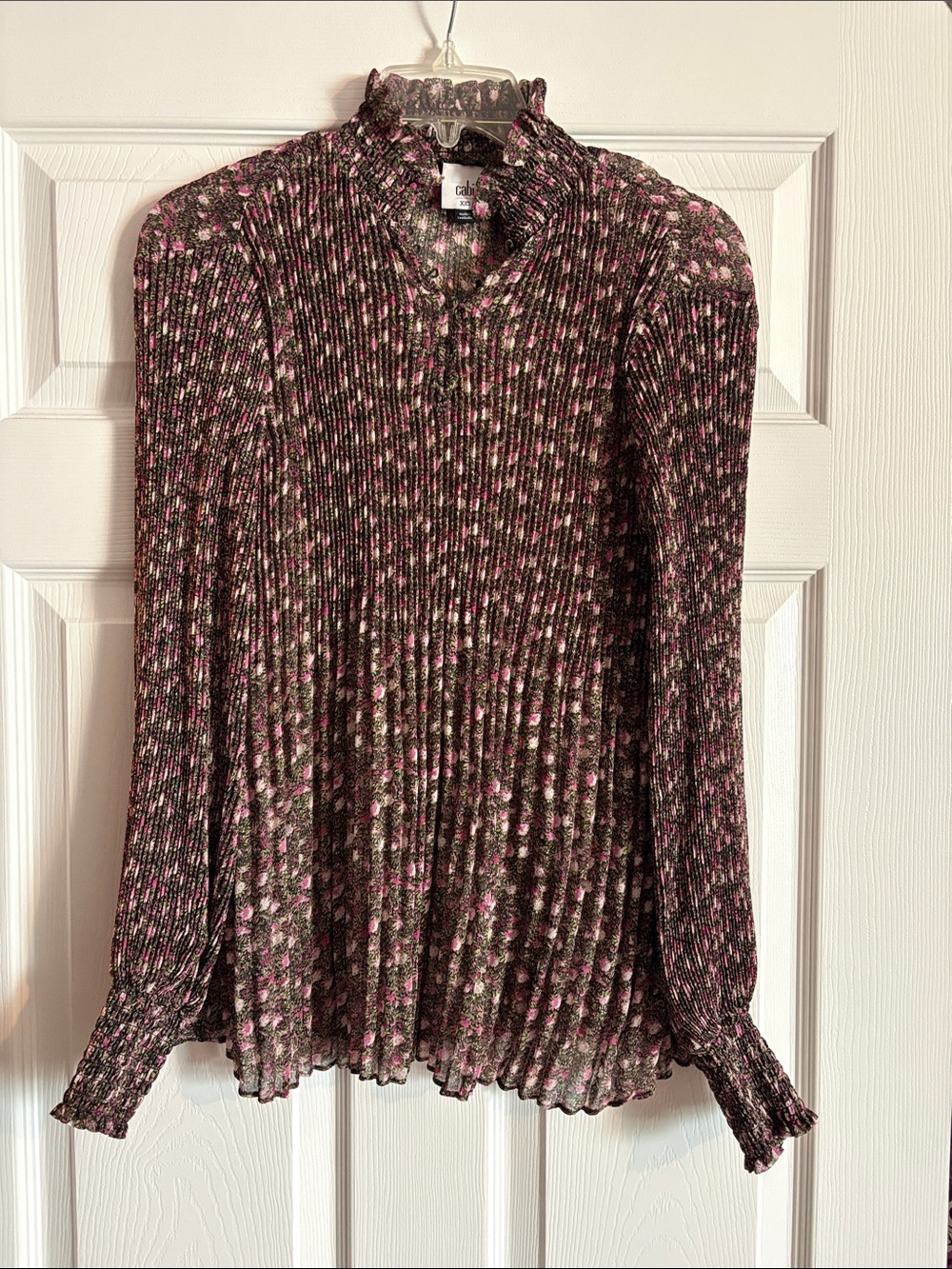 CAbi Pink Floral Pleated Ruffle-Neck Blouse